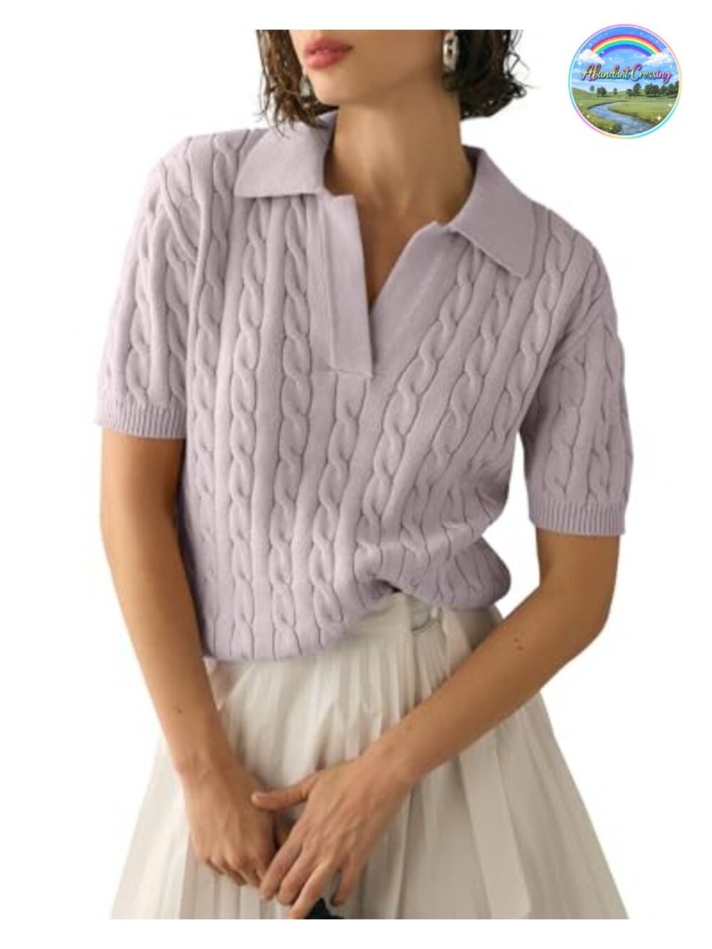 Womens Cable Knit Short Sleeve Sweater V Neck Lapel Collar Pullover Top